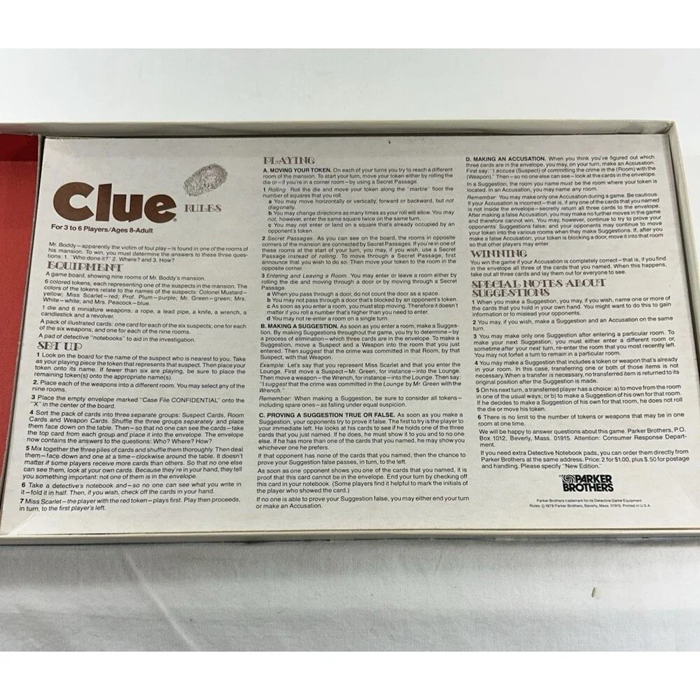 Vintage 1972 CLUE Mystery Detective Board Game Parker Brothers Complete Original